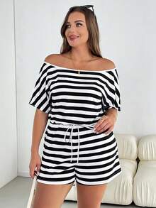 SHEIN Essnce Plus Size Women's Romper, Casual Striped Romper,Summer Women Dresses One Piece Outfit Jumpsuit,Shorts Women Rompers,Summer Shoulder Women's Clothing, Short-Sleeved Jumpsuits