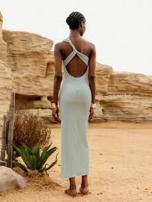 Lumivelle Sage Green,Summer,Chic,Vacation,Holiday Women's Textured Knit One Shoulder Maxi Dress, Open Back Ruched Bodycon Slit Hem Cocktail Party Dress - Green - View 2