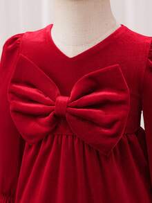 Glamorique Kids Baby Girls' Autumn/Winter New Velvet Korean Fleece Design V-Neck Ruffle Bow Elegant Party Dress,Christmas Dress - Red - View 6