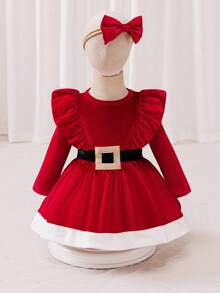 Glamorique Kids Baby Girls' Christmas Party Bow Headband & Velvet Dress, Suitable For Holiday Events,Christmas Dress Fall Winter - Red - View 1
