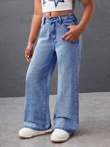 SHEIN Tween-Mädchen Y2K Leicht verwaschene Baggy-Denim-Hose mit geradem Bein und süßer Tasche mit Schleifenmuster, Boho-Urlaub im Sommer, lässige Rave-Outfits für Sommerkonzertfestivals, Outfits für Sommerbrunch und Kirchenabschluss - Mittele Waschung - Übersicht 3