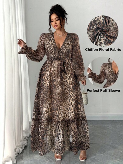 Elenzga Women's V-Neck Leopard Print Puff Sleeve Tie-Waist Elegant Dress, Spring/Summer Fall Cloth For Women