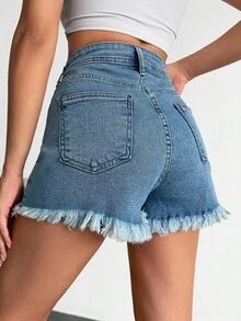 RueChic High Waist Ripped Wash Raw Hem Denim Short - Medium Wash - View 2