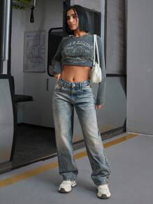 CasuGlow WOMEN LOW WAIST STRAIGHT Y2K WASH STREET WEAR Work Clothes Women Women Clothing Jeans Women S Clothes Women S Street Wear Women Summer Clothing Woman S Summer Clothes - Dark Wash - View 4