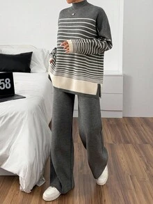 EURMUSE Contrast Hem Grey-Striped Funnel Neck Knitwear Set With Side Slits Comfortable Loungewear Set Two Piece Set Women Womens Two Piece Set Striped Two Piece Set Comfy Two Piece Set,Winter Clothes