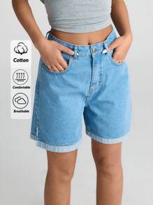 EURMUSE Women's Casual Loose Fit Cuffed Denim Shorts With Pockets, Versatile - Medium Wash - View 1