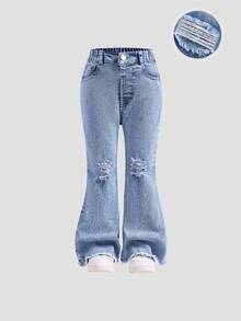 SHEIN Explorewe Young Girls' Distressed Skinny Fit Elastic Denim Jeans, Washed Light Blue, Casual & Fashionable Fall Winter Baggy Jeans Y2k Bellbottoms Jeans - Light Wash - View 3