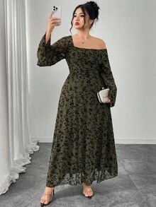 Modelyn 大码女式不对称露肩植绒花朵修身长袖连衣裙 - 軍綠色 - 查看 5