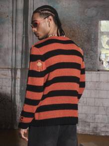 PAVTROS Manfinity Streetrush 男式条纹做旧圆领宽松休闲毛衣，秋冬 - 彩色 - 查看 3