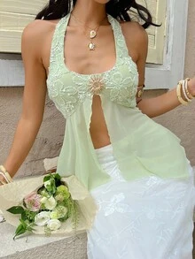 SHEIN Frenchy Women's Fashion Halter Neck Top With 3D Floral Decor And Side Slit Hem