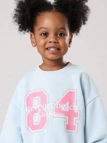 Bộ đồ phối màu hồng pastel cho bé gái Newport Beach California Áo nỉ Varsity kèm quần short phù hợp Trang phục thường ngày Bộ sưu tập Thu Đông - Màu xanh nhạt - Xem 5