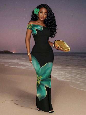 Slaydiva 2025 Summer/Autumn New Women's Elegant Floral Print Asymmetric Shoulder Bodycon Dress, Vacation/Beach Holiday Outfit Chic Dress