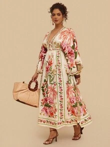 Travachic Váy dài tay loe họa tiết hoa Bohemian cỡ lớn, thắt eo, trang phục thường ngày ngày lễ, thích hợp cho các buổi đi chơi mùa thu, tiệc tùng, tụ tập - Nhiều màu - Xem 7