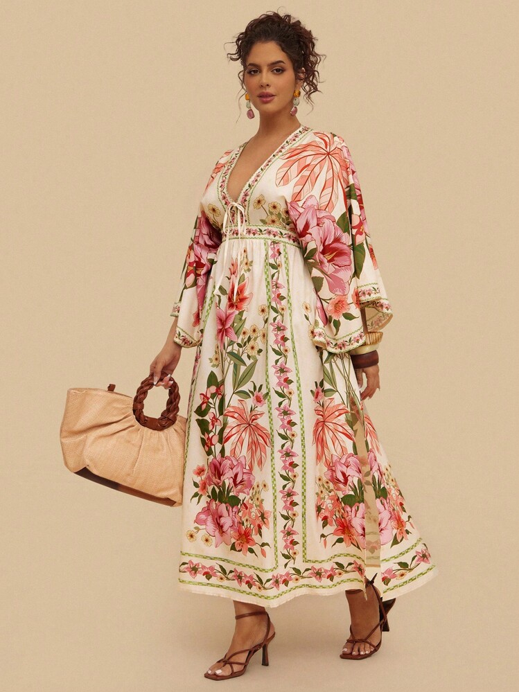 Travachic 加大码波西米亚花卉印花长袖喇叭袖收腰连衣裙，休闲度假装，适合秋季外出、派对、聚会 - 彩色 - 查看 7