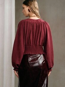 Aveloria Elegancka bluzka damska z plisowanymi marszczeniami i długim rękawem w stylu boho, w stylu boho - Burgund - Zobacz 4