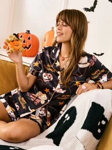 Women Halloween Ghost Pattern Satin T-Shirt & Pants Pajama Set, Fall Clothes, For Halloween Party - Multicolor - View 6