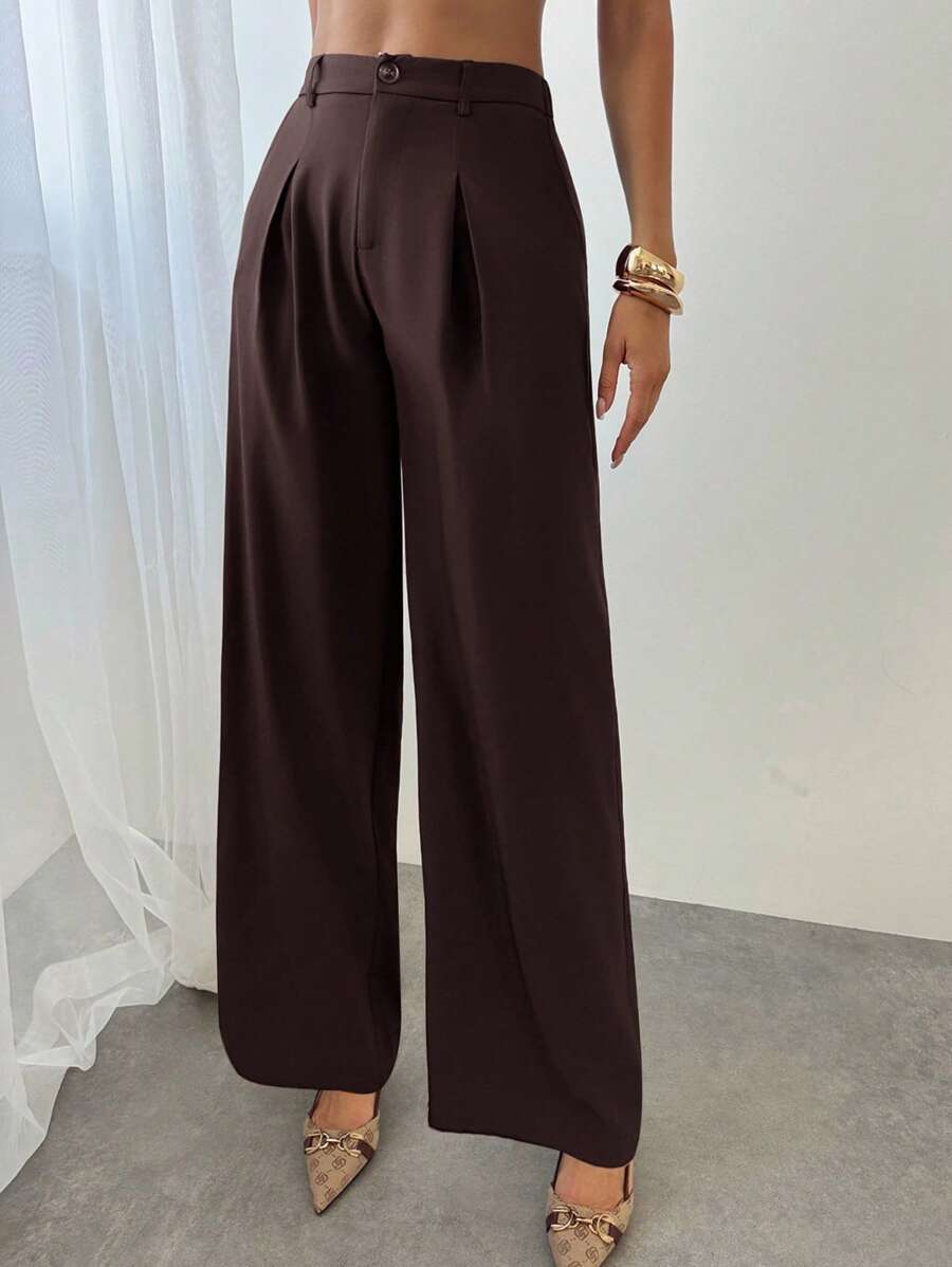 Firerie Women Elegant Mocha Brown Bamboo Textured Wide-Leg Comfortable High-Waisted Trousers/Pants,Graduation,Teacher Outfits For Women,Back To School,Elegant Going Out Tops,Back To School,Grunge Clothes, Fall Clothes Women,Teacher Outfits - Khaki - View 1