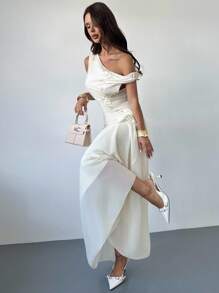 Firerie 女士优雅刺绣拼布不对称领连衣裙