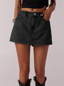 SHEIN Forever 21 Spring Vintage Street Style Casual Distressed Denim Mini Skirt For Women - Black - View 2