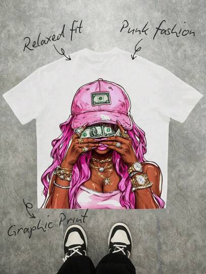 SHEIN Bolty Vintage Style Graphic Tee For Teen Girls, Loose Fit Retro Pink Portrait Print Short Sleeve T-Shirt, Couple Matching, Casual Vacation Boho Chic Neon Beach Vibes Graphic Tees For Summer