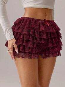 SHEIN SXY White Lace Layered Ruffle Hem Low Waist Shorts - Burgundy - View 4