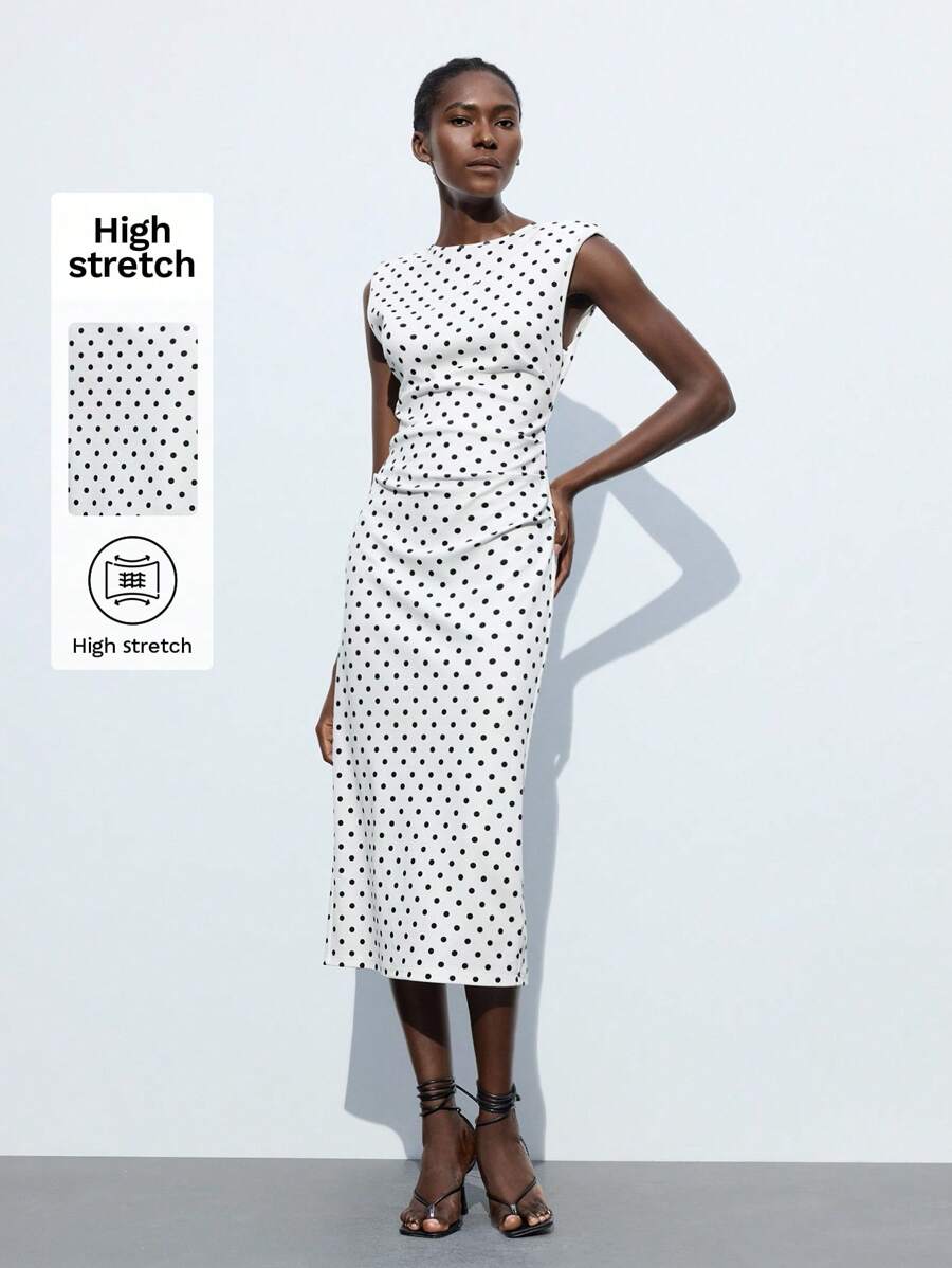 Maija Women's Elegant Polka Dot Print Slim Long Dress, Summer Polka Dot Dress White Polka Dot Dress Black And White Polka Dot Dress White Dress With Black Polka Dots Polkadot Dress Pokadot Dress,Autumn Outfits For Women, Christmas Women's Clothing - White - View 1