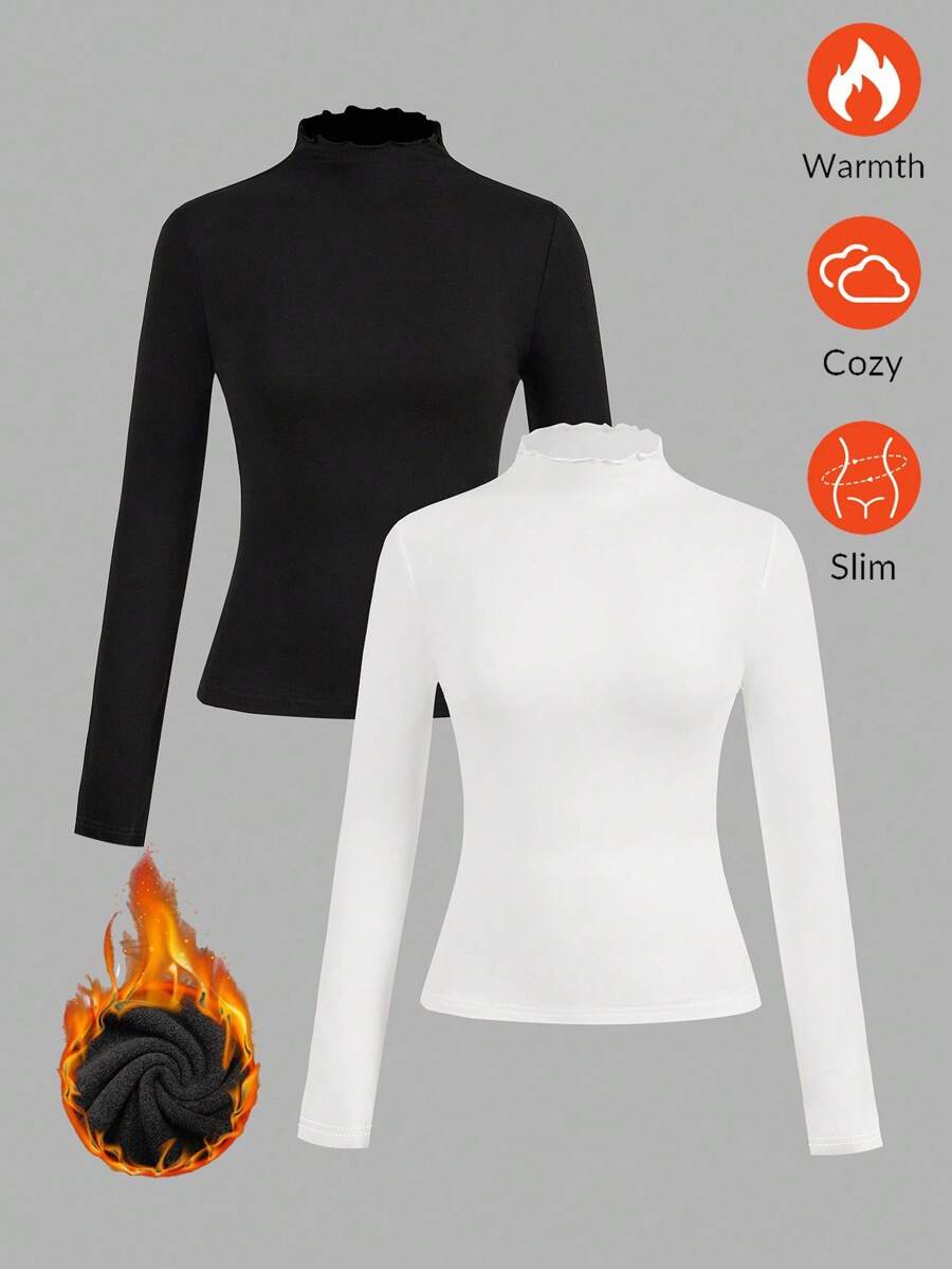 SHEIN EZwear 2 件套女士休闲黑白针织 T 恤，带保暖衬里，秋装冬装女士冬季上衣女士高领上衣高领上衣修身上衣女士长袖上衣，女士秋装 - 黑與白 - 查看 1