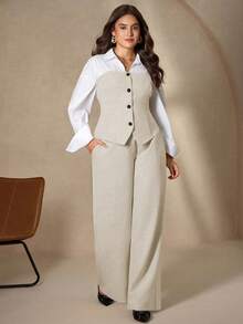 Chikora Plus Size Elegant White Autumn Office Commuter Patchwork Shirt & Wide Leg Linen Pants 2 Pieces Set,Women Linen Vest Outfit Pants Suit Outfits - Multicolor - View 1