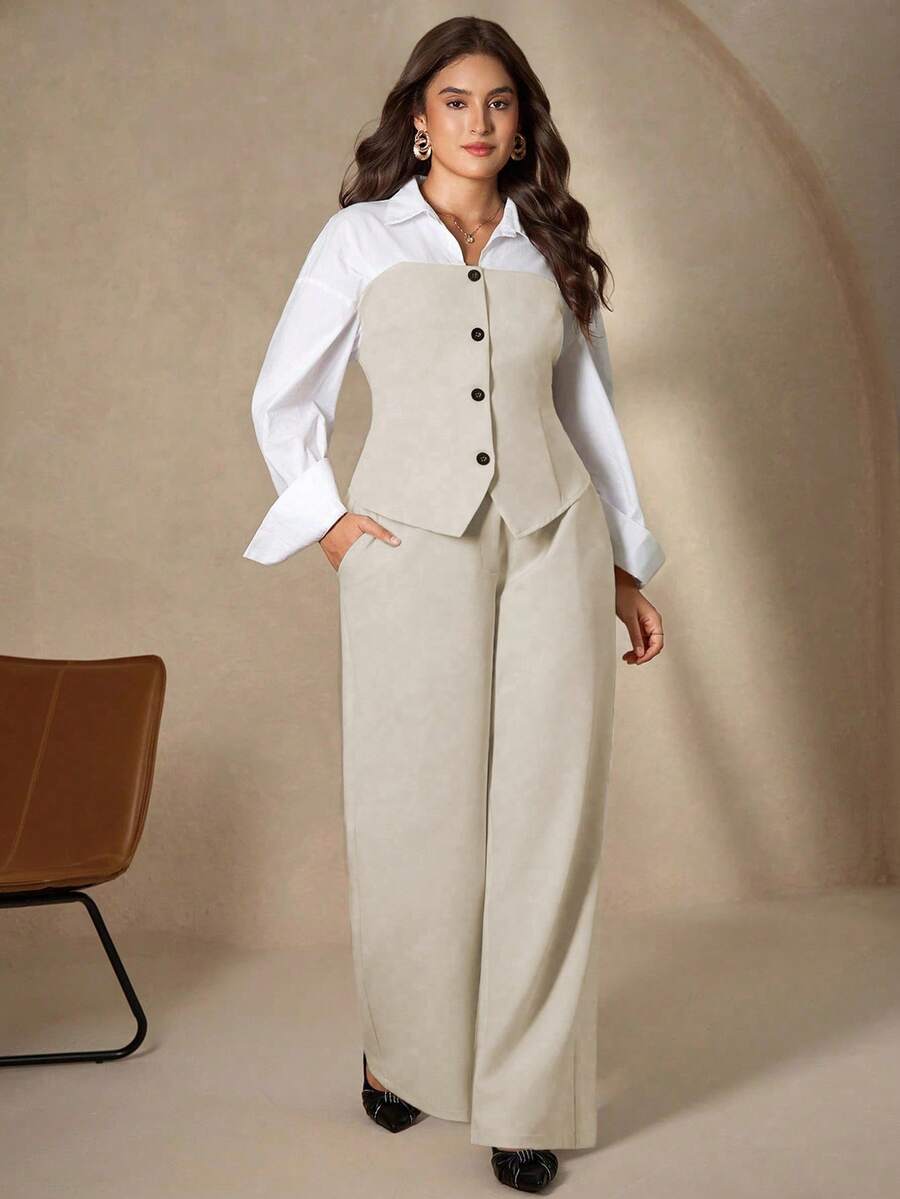 Chikora Plus Size Elegant White Autumn Office Commuter Patchwork Shirt & Wide Leg Linen Pants 2 Pieces Set,Women Linen Vest Outfit Pants Suit Outfits - Multicolor - View 1