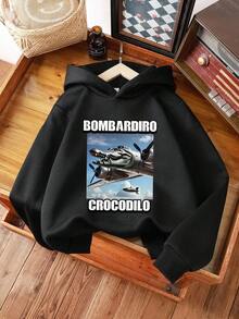 Tween Boys Casual Fashion Funny Cartoon Letter & Airplane Crocodile Pattern Hooded Long Sleeve Sweatshirt, Autumn/Winter Fall - Black - View 3