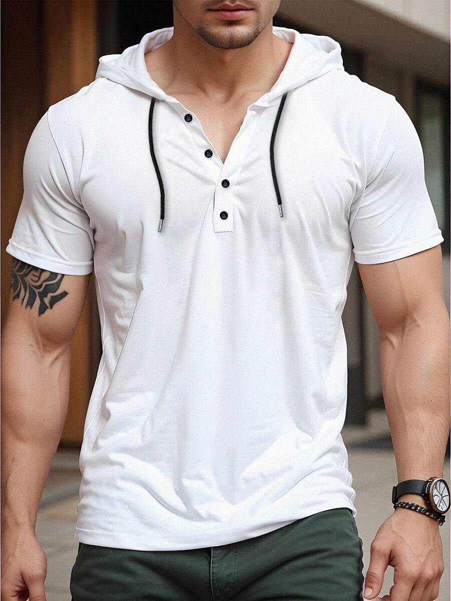 Manfinity Dauomo 男士夏季純色鈕扣半開襟短袖休閒帽T恤 - 白色 - 查看 1