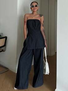 DAZY High-End Denim 2 Pieces Set With Strapless Cropped Top & Casual Pants, Chic Style - Dark Wash - View 7