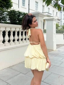 NegzBox Women's Vacation Solid Color Ruffle Hem Fashionable Halter Mini Dress,Summer Dresses For Women Dresses For Wedding Event - Yellow - View 2