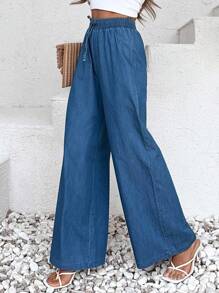 EURMUSE Textured Blue Pants With Elastic Waist - Blue - View 5