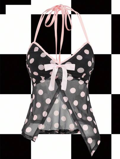Y2Kool Annarte Top halter de mujer de color negro, rosa, contraste, malla, transparente, lazo, estilo Y2K, femenino, casual, adecuado para verano, vacaciones, reuniones, fiestas, uso diario. Idea de combinación de ropa sexy y elegante, nueva colección de atuendos para Año Nuevo