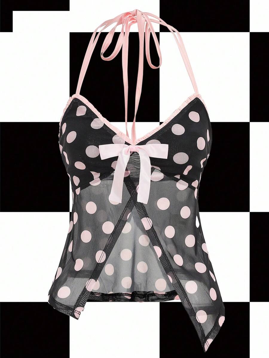 Y2Kool Annarte 黑色、粉色、撞色、网纱、薄纱、蝴蝶结、Y2K风格、少女风、休闲风、女士吊带上衣，适合夏季、度假、聚会、派对、日常穿着，性感上衣搭配灵感，时尚新年春季女士海滩嘉年华。 - 黑色 - 查看 1