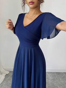 Elenzga Ruffled Sleeve Waist Cinched V-Neck A-Line Minimalist Elegant Romantic Sophisticated Women Dress - Navy Blue - View 3