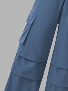 SHEIN ChillGRL 2 件女童字母印花连帽卫衣 + 绿色工装裤休闲街头装，秋冬 - 藍色 - 查看 4