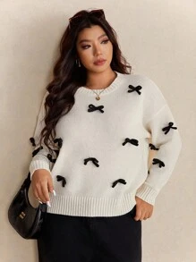 Elaquor Plus Size Women Casual Bow Decor Sweater, Autumn/Winter Fall