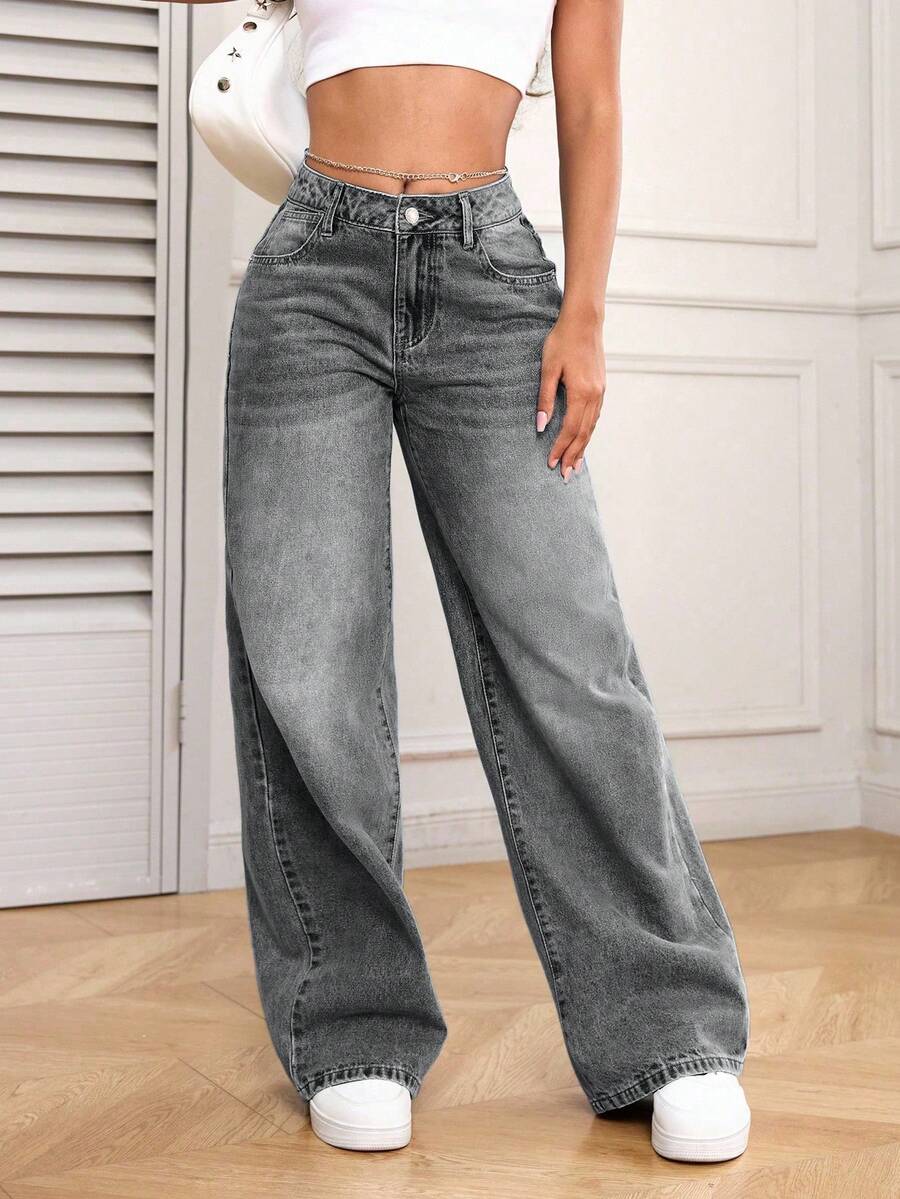 SHEIN PETITE 休闲水洗宽松直筒牛仔裤