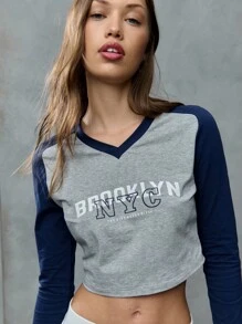 SHEIN Unity Brooklyn NYC Graphic Long-Sleeve Raglan Tee,Sporty Comfy Gray T-Shirt,Casual Autumn School Back-To-School Must-Have Top,Effortless Layering Tee - Grey - View 4