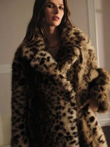 MOTF PREMIUM 时尚豹纹仿皮草长款大衣，秋冬 - 摩卡棕 - 查看 3