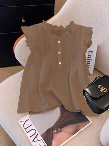 SHEIN LUNE 女士休闲圆领荷叶边纽扣衬衫，夏季 - 棕色 - 查看 1