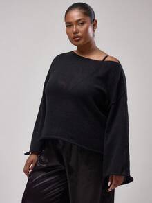 MUSERA Áo len tay loe cổ lệch dáng cỡ lớn, kiểu dáng thanh lịch thường ngày cho mùa xuân hè. - màu đen - Xem 1