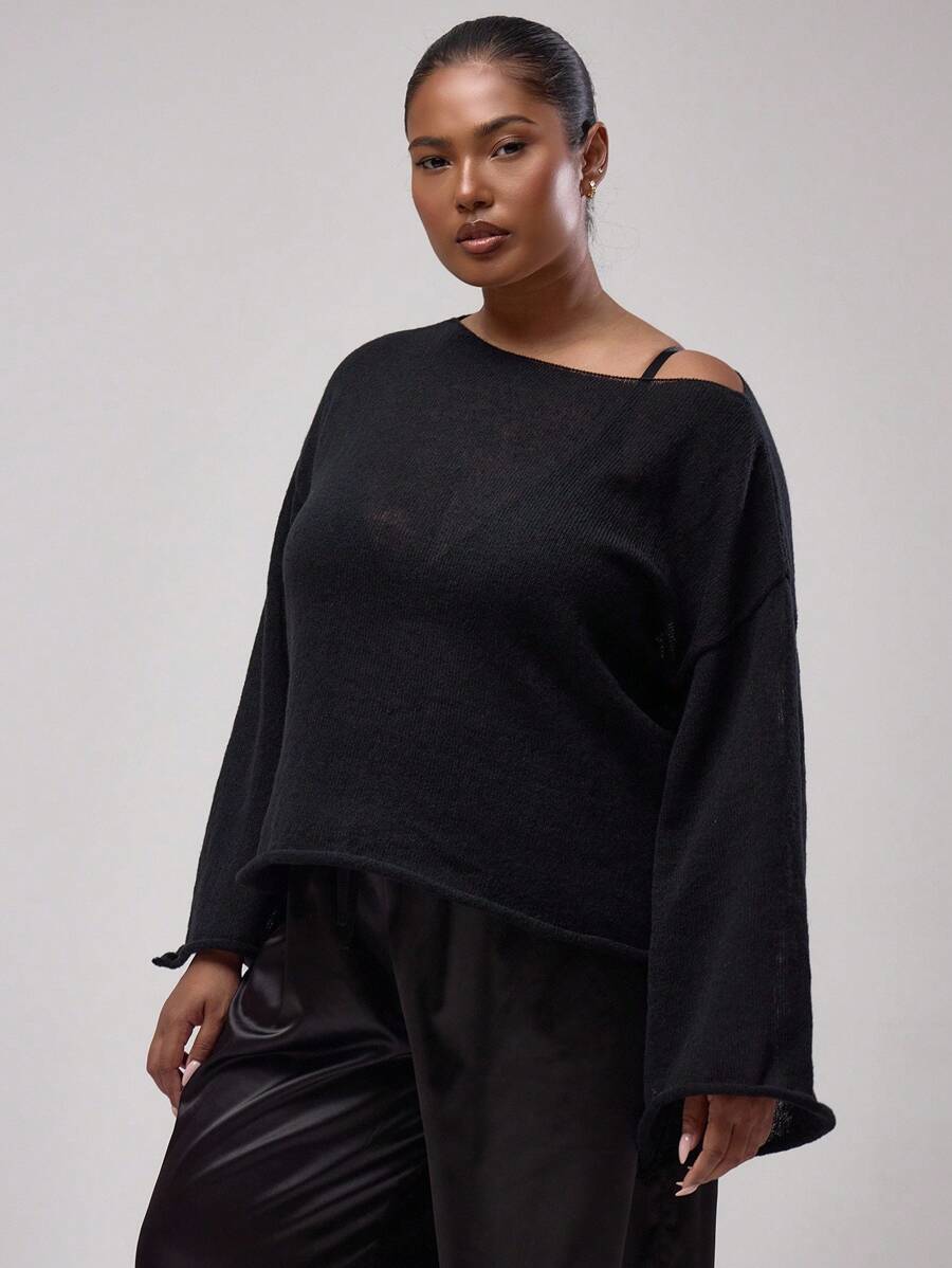 MUSERA Áo len tay loe cổ lệch dáng cỡ lớn, kiểu dáng thanh lịch thường ngày cho mùa xuân hè. - màu đen - Xem 1