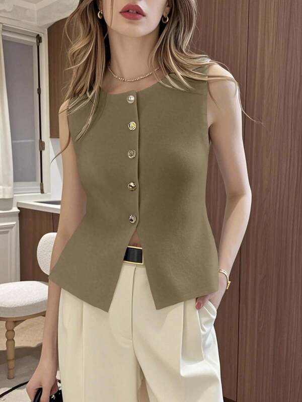 Pariaura Women's Elegant Commuter Solid Color Front Button Sleeveless Knit Top, Summer