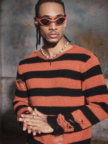 PAVTROS Manfinity Streetrush 男式条纹做旧圆领宽松休闲毛衣，秋冬 - 彩色 - 查看 6