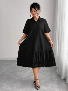 Elenzga Plus Size Casual Vacation Dress With Ruffle Collar Plus Size Ruffle Dress Plus Size Dress Ruffle Dress Plus Size Plus Size Black Dress Plus Size Elegant Black Dress - Black - View 5