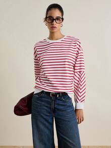 Airaco Casual Versatile Striped Contrast Color Sweatshirt, Autumn/Winter Pullover Fall - Red and White - View 4
