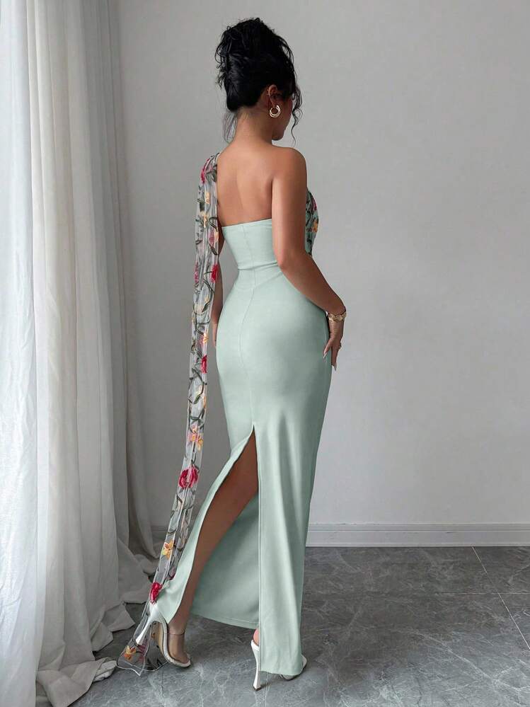 Elenzga Women's Elegant Embroidered Mesh Dress - Mint Green - View 2